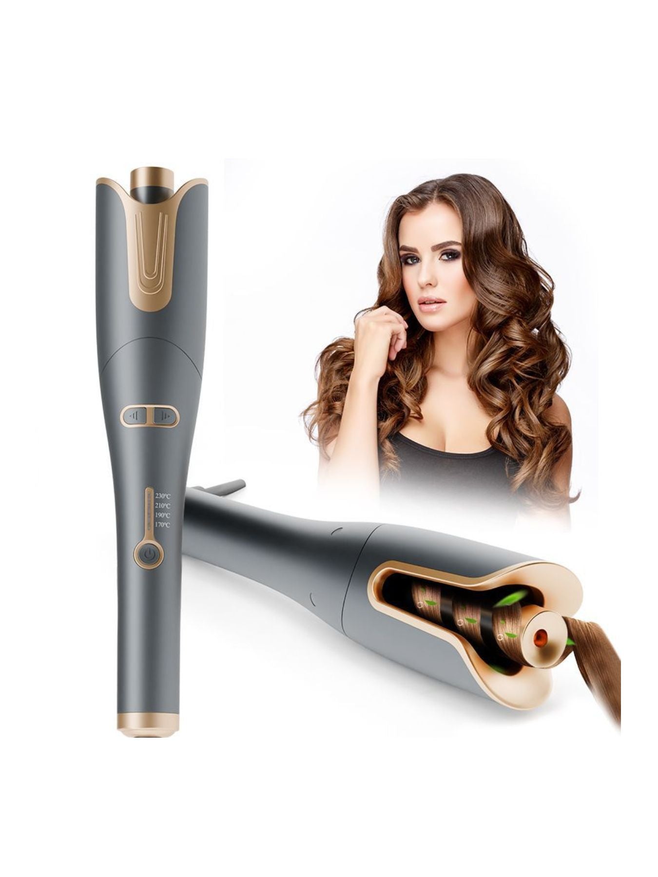 Gray automatic rotating hair curling iron by Trendsi with European plug, showcasing its sleek design and rotating barrel for perfect curls.