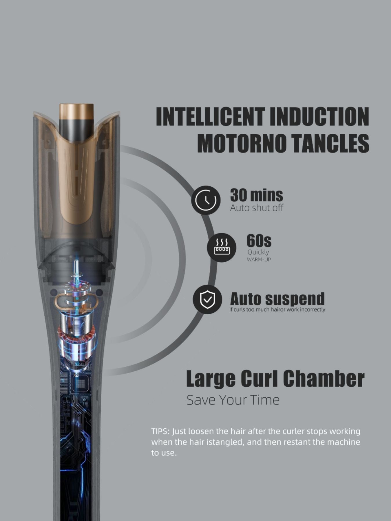 Gray automatic rotating hair curling iron by Trendsi with European plug, showing the curling barrel and handle.