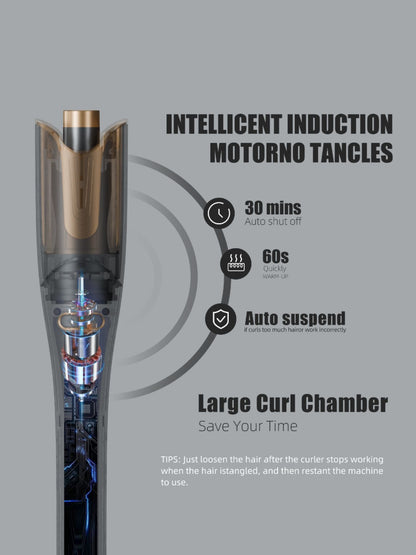 Gray automatic rotating hair curling iron by Trendsi with European plug, showing the curling barrel and handle.