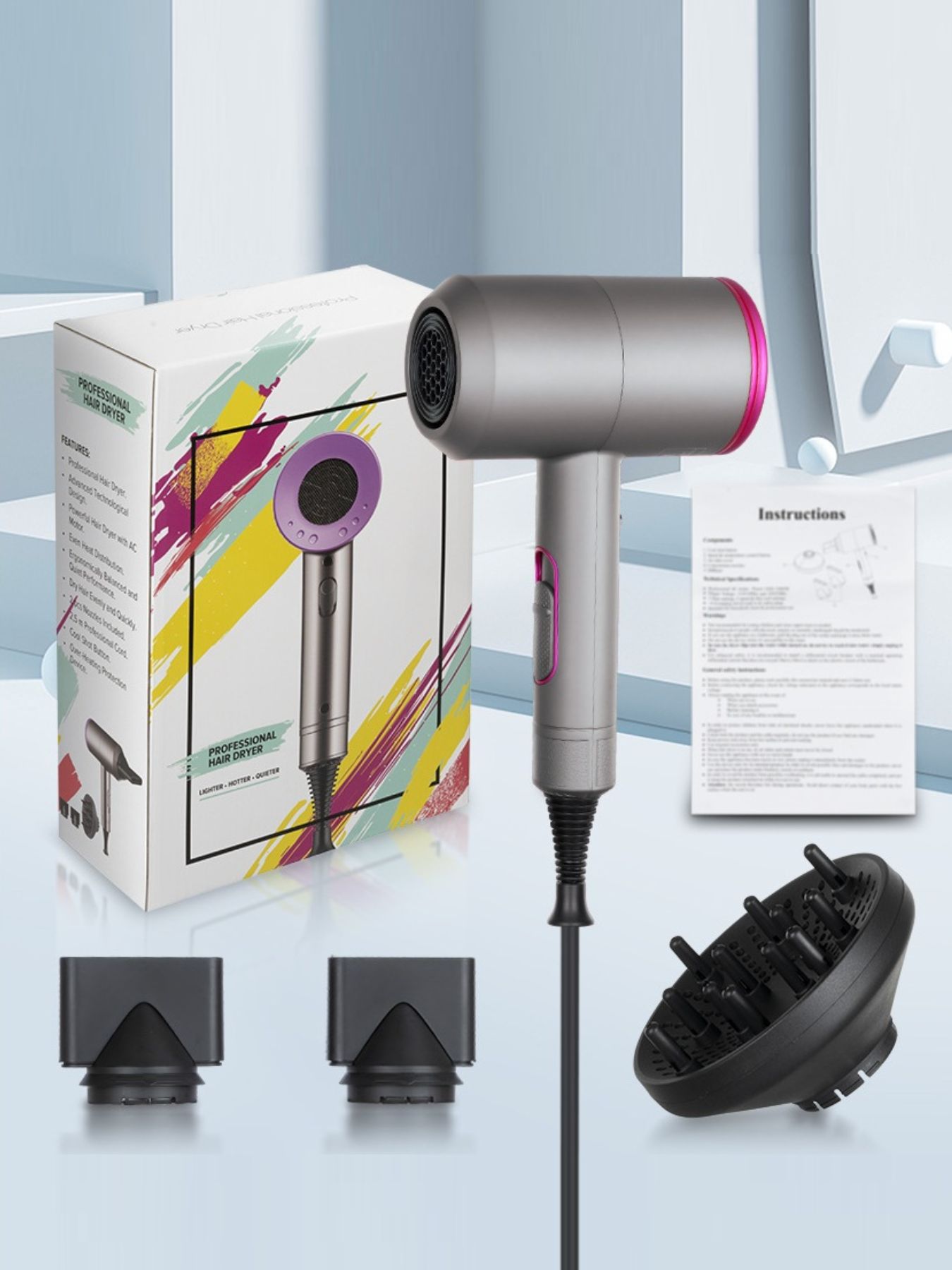 Gray household hair dryer from Trendsi with negative ion technology and European plug for fast drying and smooth styling.