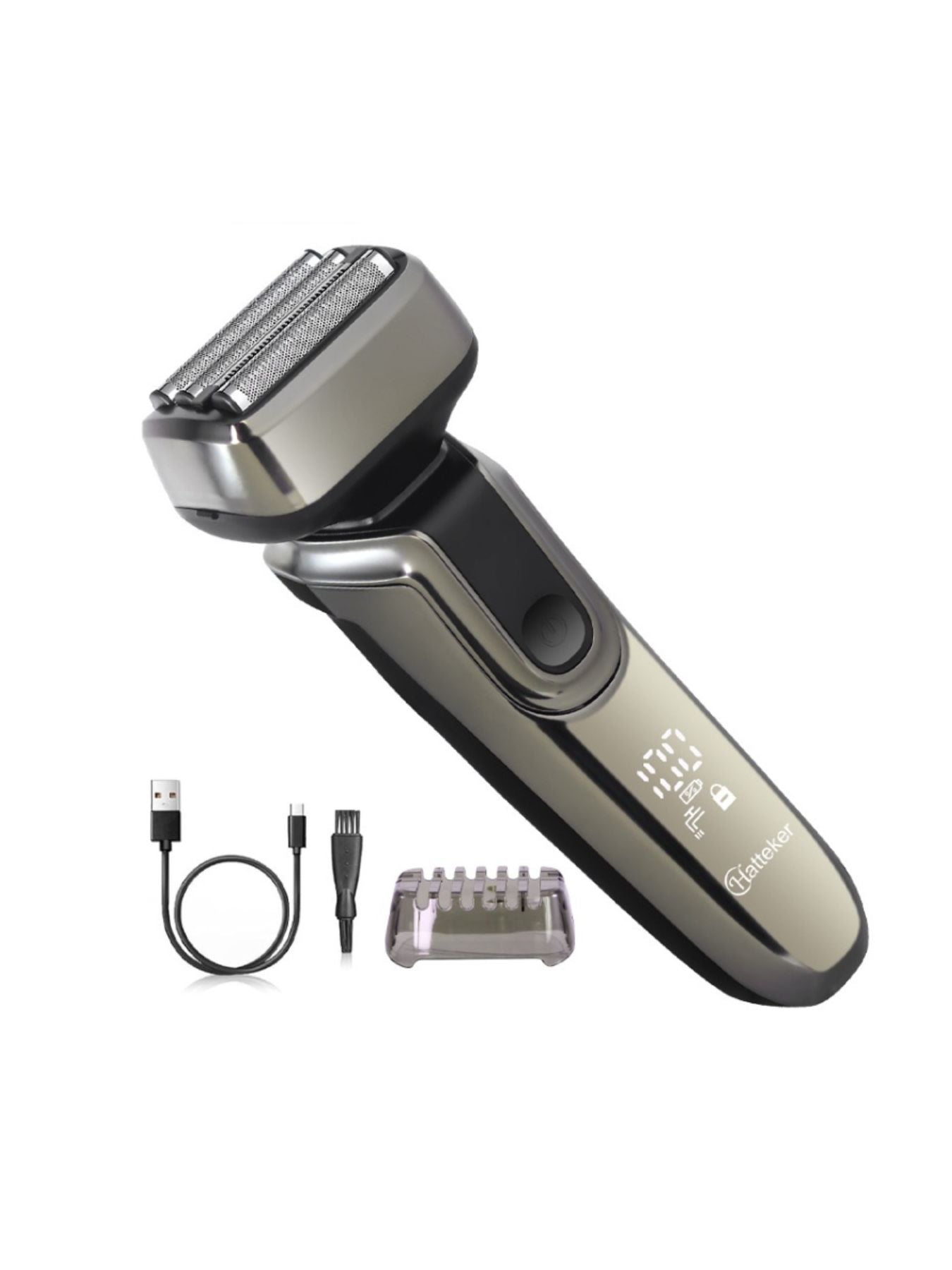 Gray electric shaver with LED display, Trendsi brand, showing close-up of shaver head and control panel for smooth grooming.