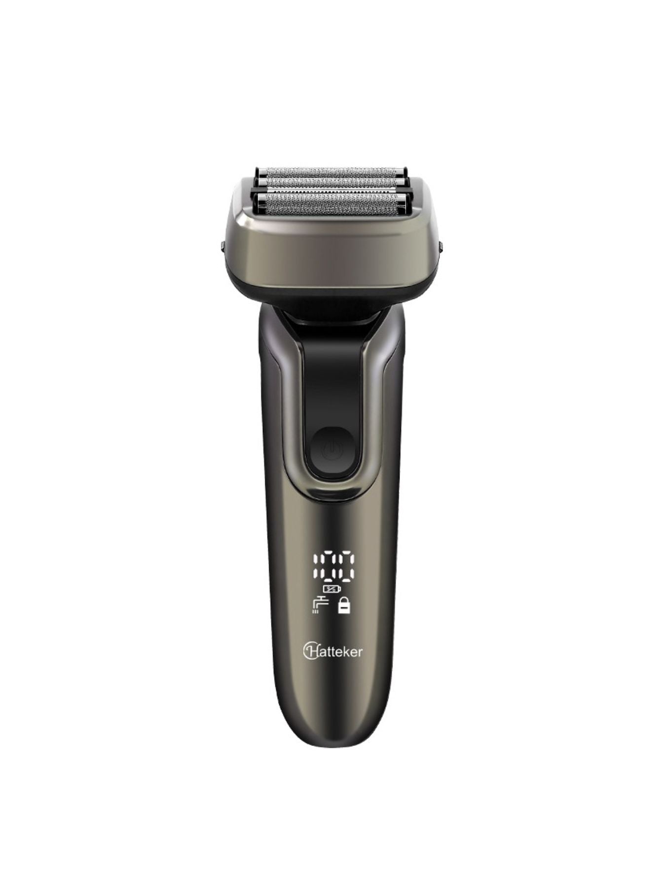 Gray electric shaver with LED display by Trendsi, featuring a sleek design and one-size-fits-all for a close, comfortable shave.