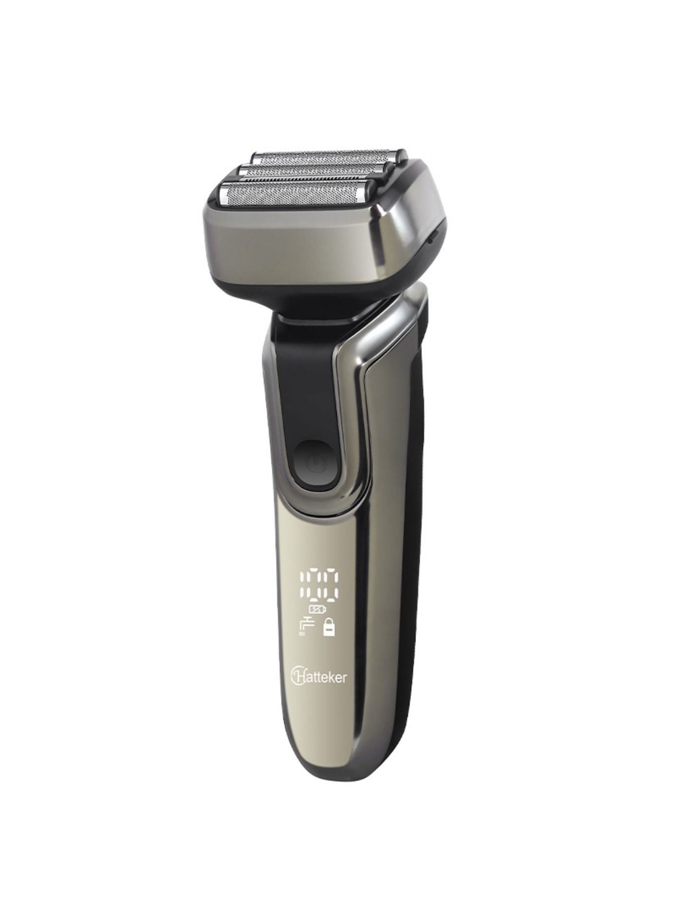 Gray electric shaver with LED display by Trendsi, showing close-up of shaver head and digital screen.