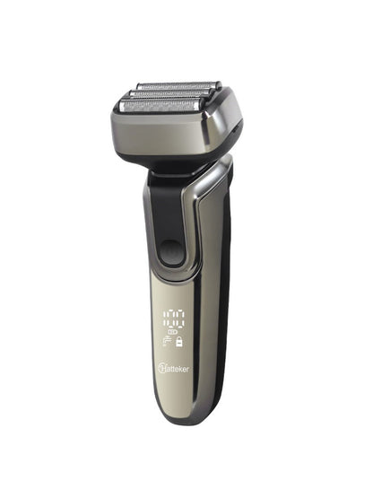 Gray electric shaver with LED display by Trendsi, showing close-up of shaver head and digital screen.
