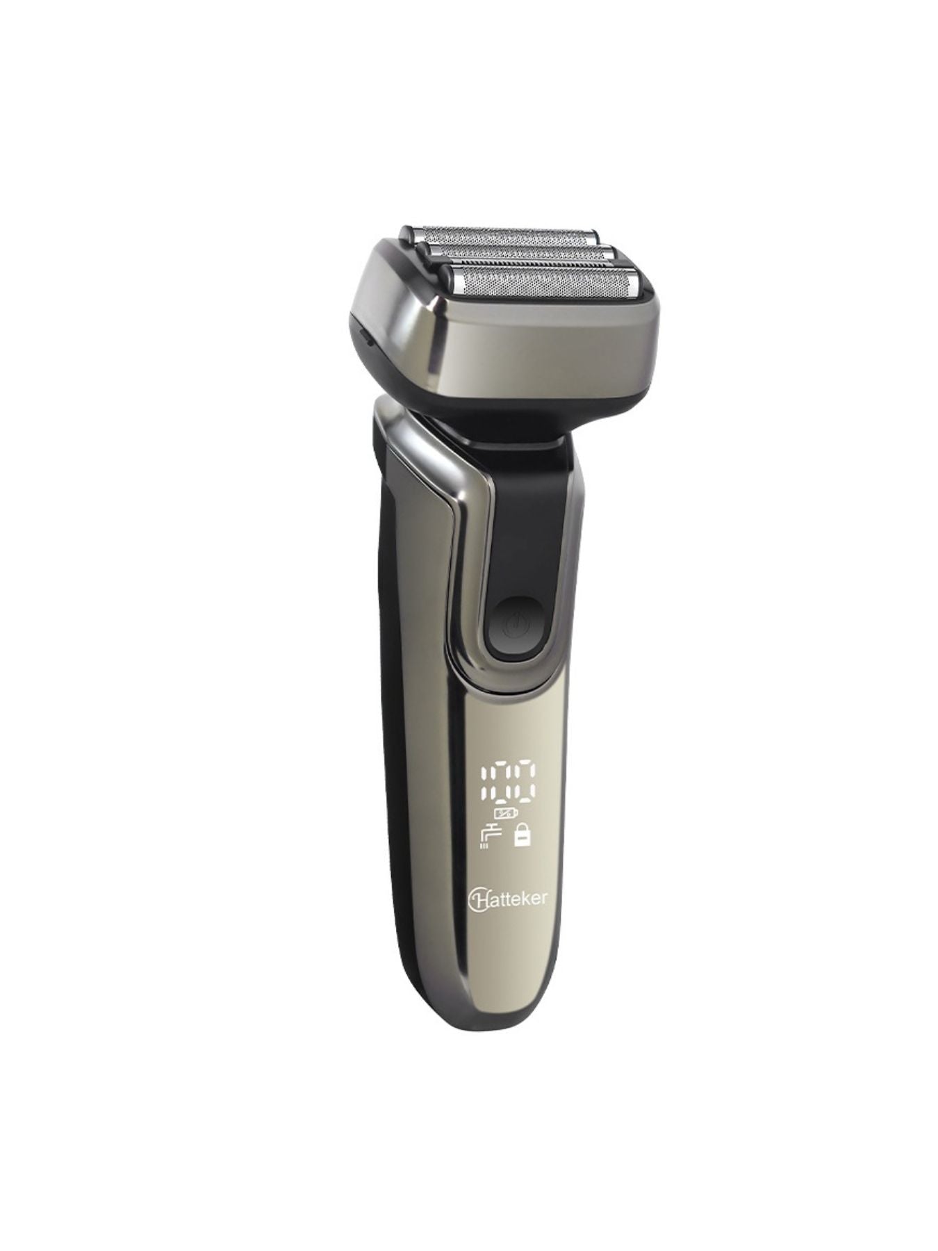 Gray electric shaver with LED display from Trendsi, featuring a sleek design and one-size-fits-all handle.