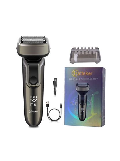 Gray electric shaver with LED display, Trendsi brand, showing close-up of the shaver's sleek design and LED screen features