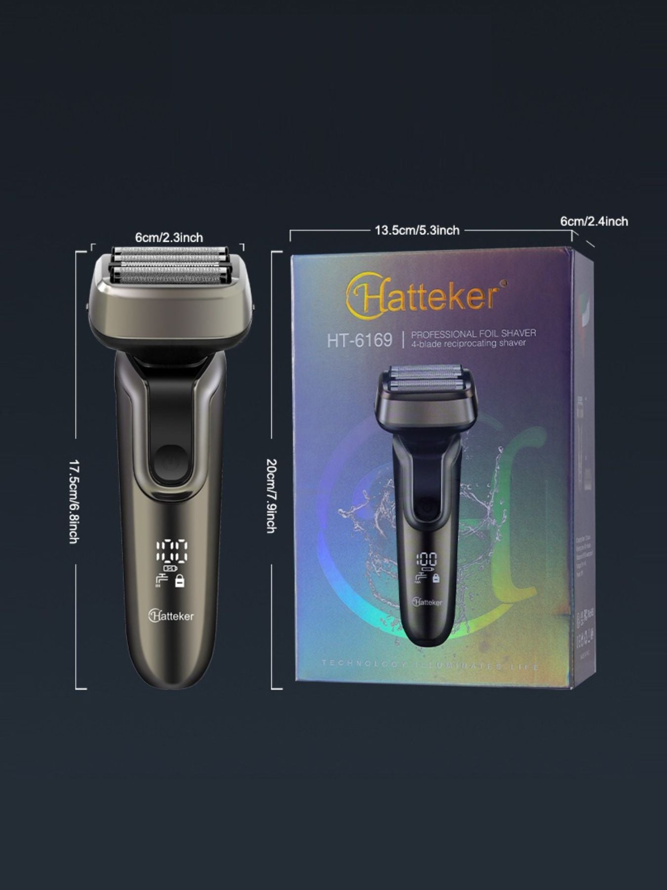 Gray electric shaver with LED display and one-size design by Trendsi, showing close-up of shaving head and control panel.