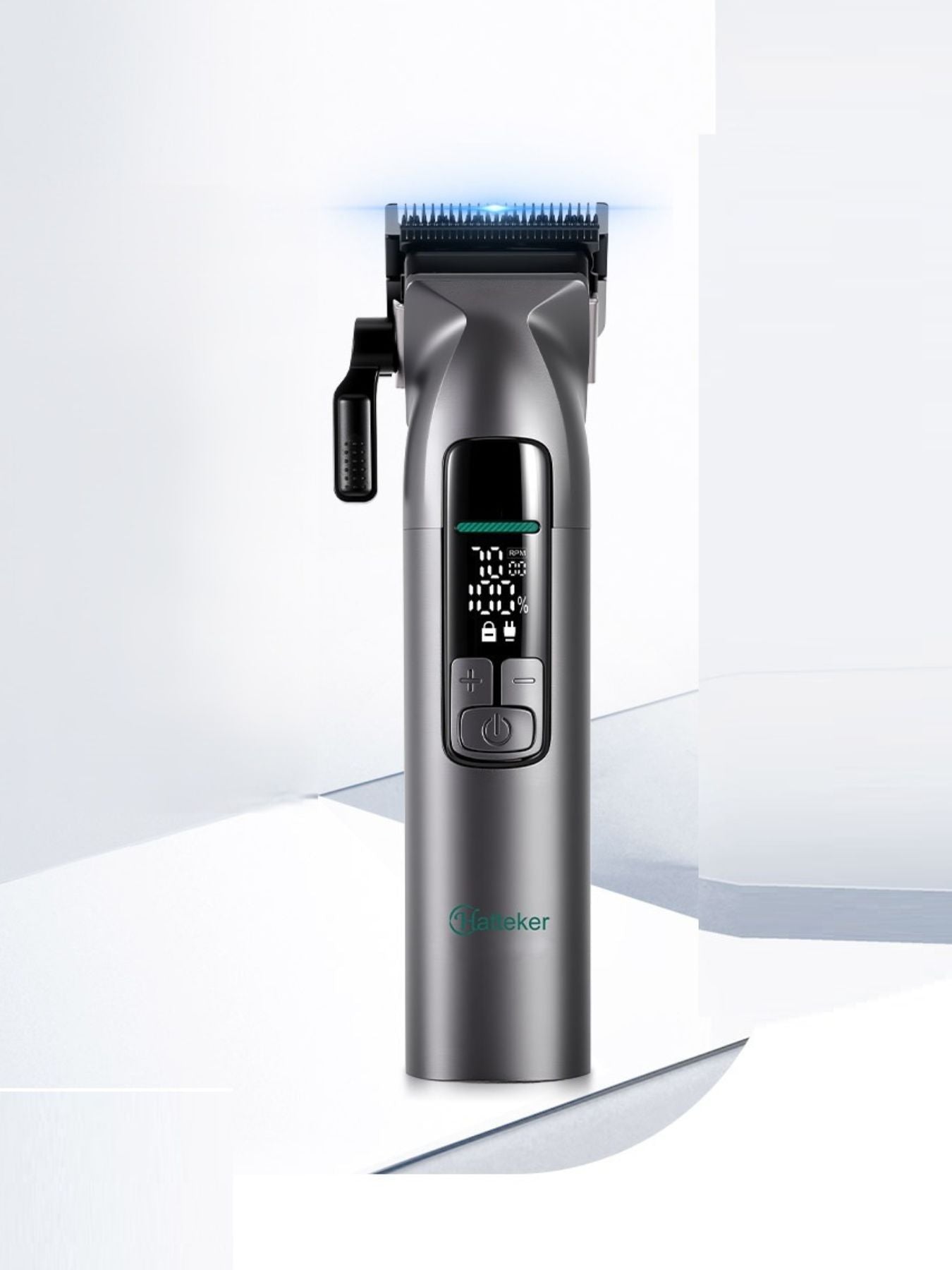Gray cordless hair clipper with LED display by Trendsi, featuring a sleek design and adjustable hair cutting blades.