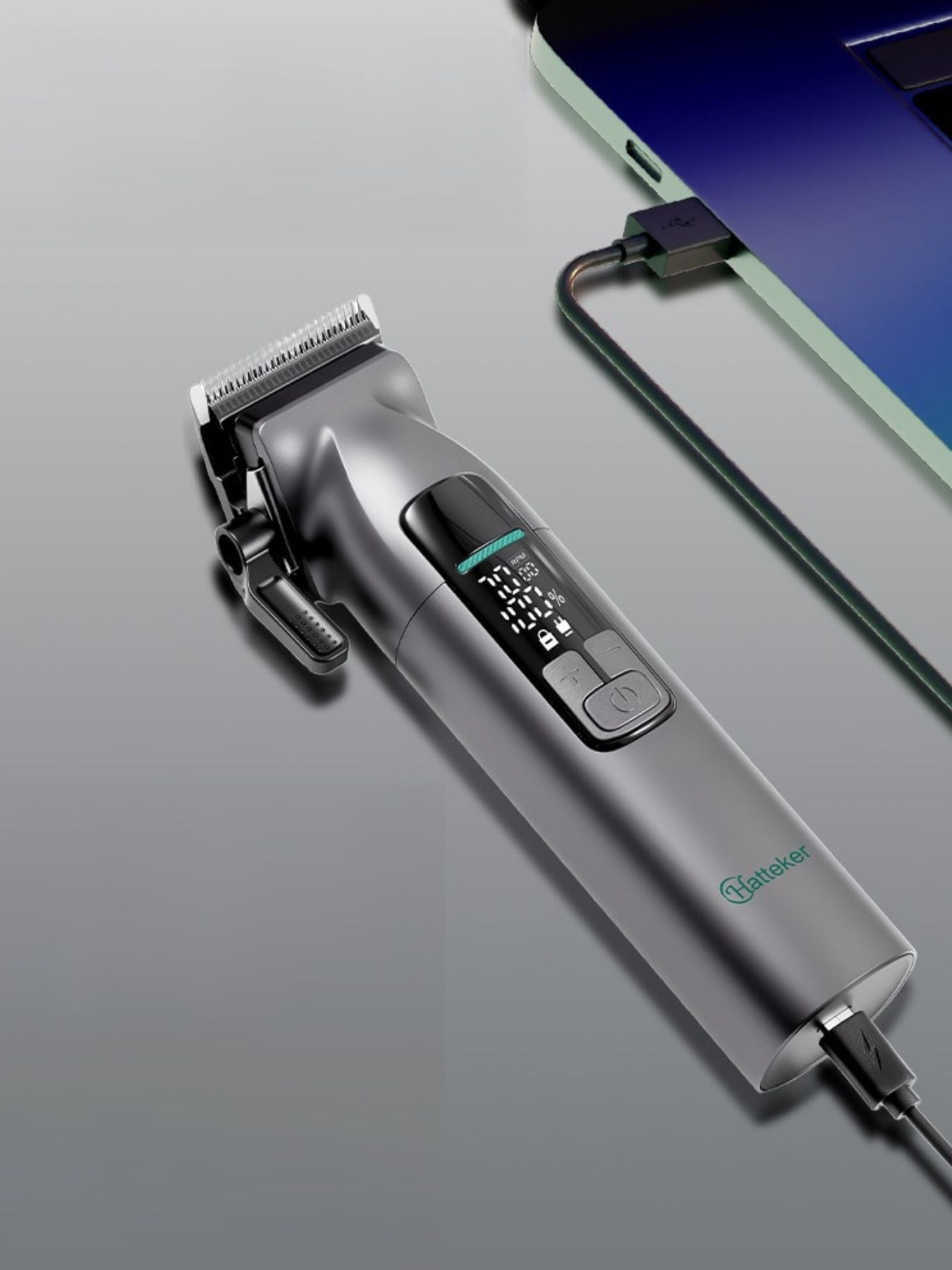 Gray cordless hair clipper with LED display from Trendsi, featuring adjustable blades and ergonomic design for easy styling.