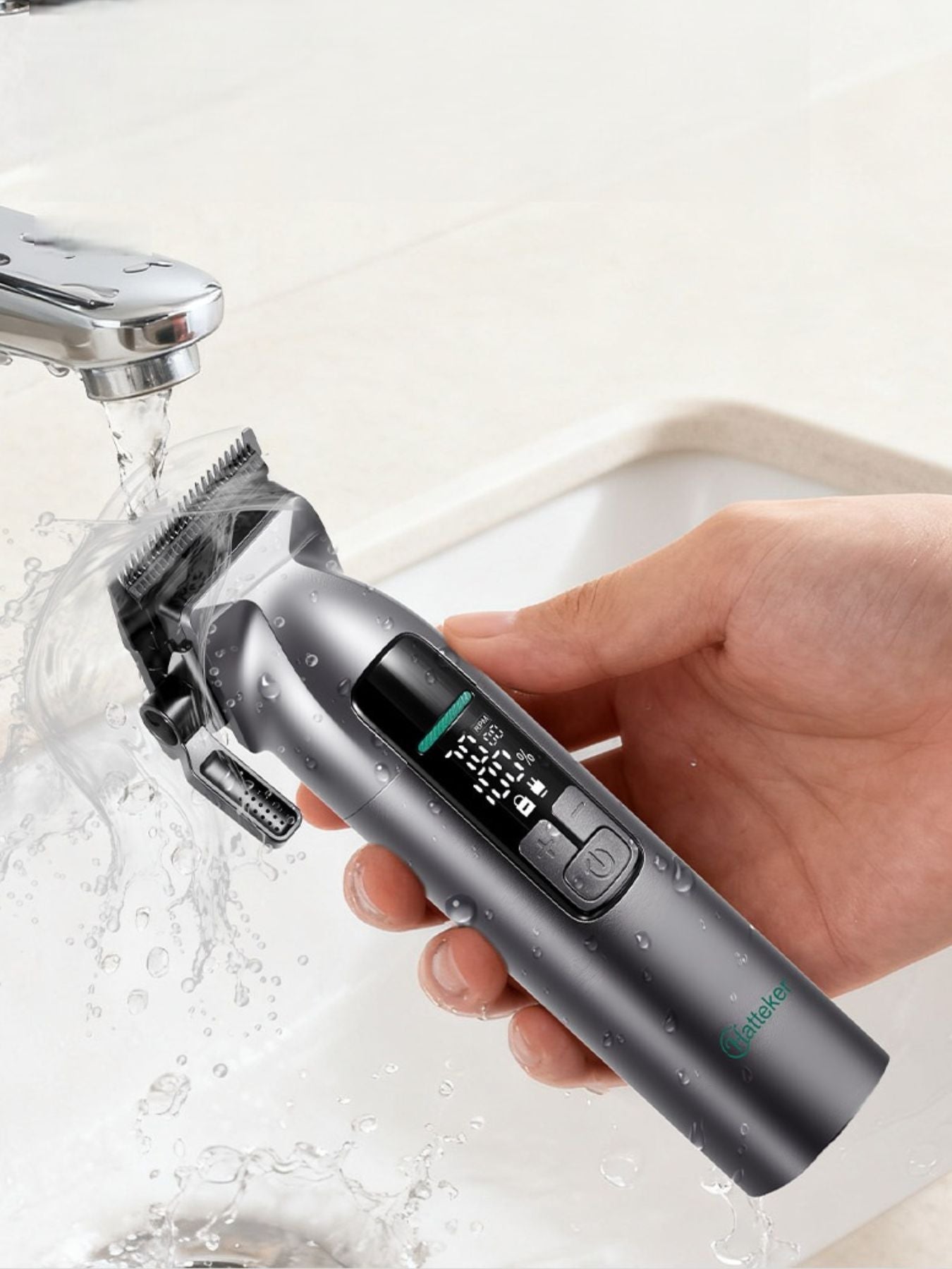 Gray cordless hair clipper with LED display from Trendsi, showing adjustable blades and sleek design for easy grooming.