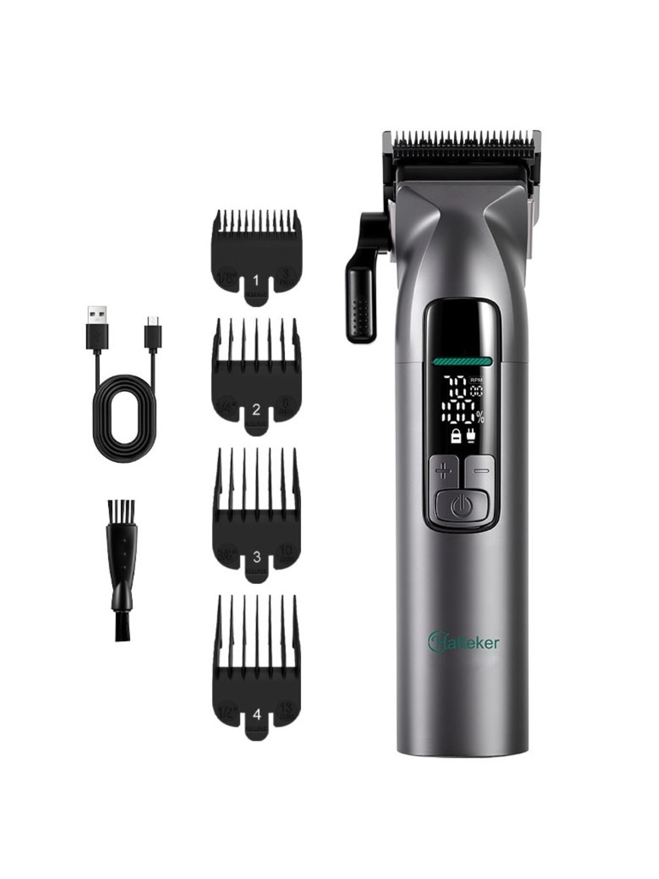 Gray cordless hair clipper with LED display from Trendsi, showing adjustable blade settings and ergonomic design.