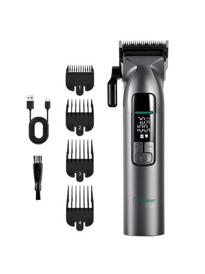 Gray cordless hair clipper with LED display from Trendsi, showing adjustable blade settings and ergonomic design.