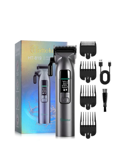 Gray cordless hair clipper from Trendsi with LED display and adjustable blades, ideal for precise grooming.