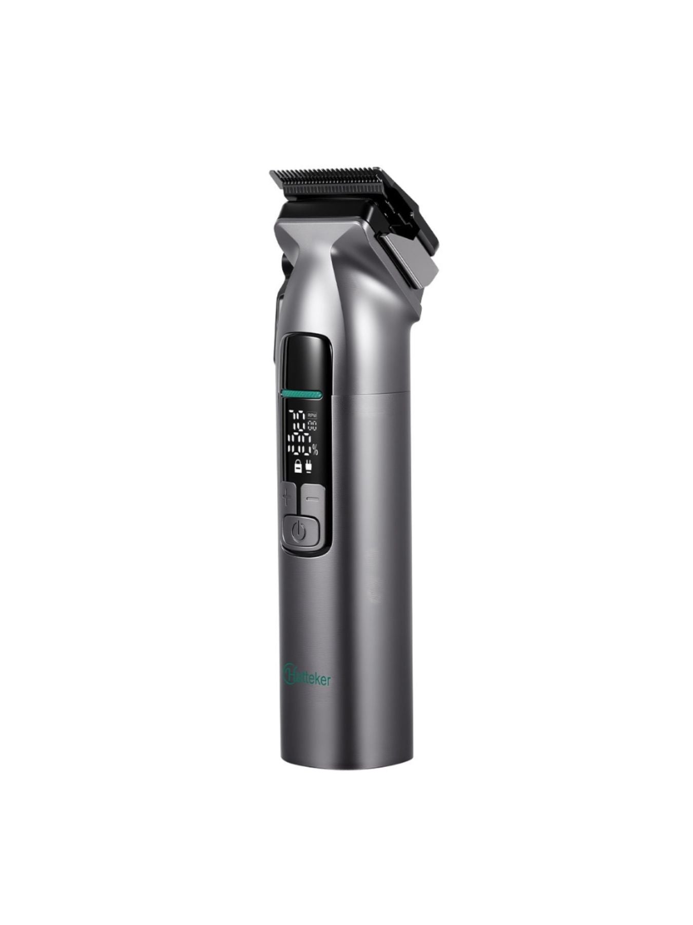 Gray cordless hair clipper with LED display and ergonomic handle, designed for precise haircutting.