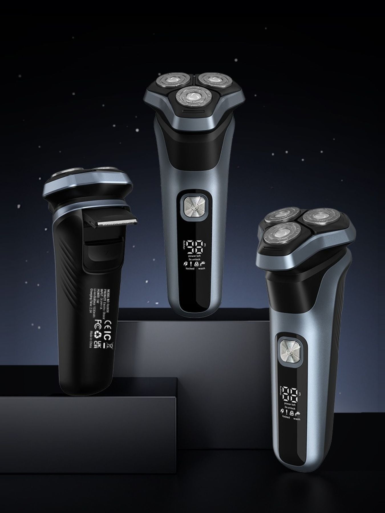 Rechargeable rotary electric shaver with LED display, gray color, from Trendsi, featuring a sleek portable design for smooth shaving.