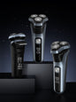 Rechargeable rotary electric shaver with LED display, gray color, from Trendsi, featuring a sleek portable design for smooth shaving.