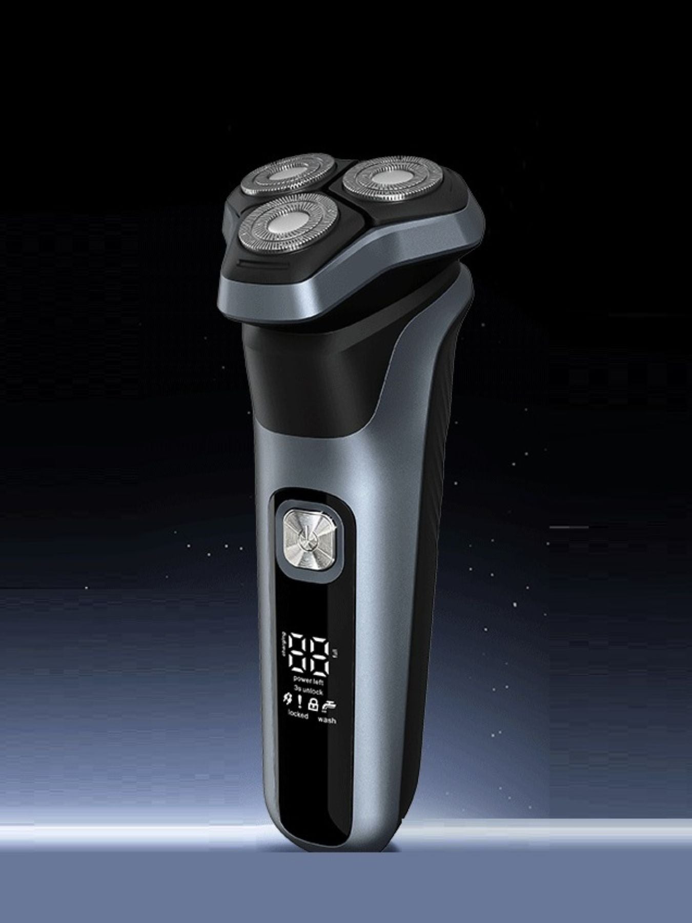 Gray rechargeable rotary electric shaver with LED display, Trendsi brand, designed for smooth and precise grooming.