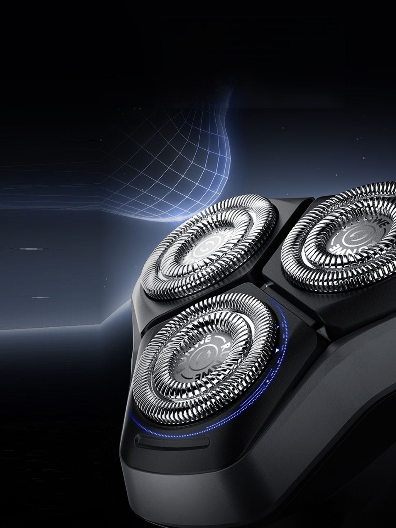 Gray rechargeable rotary electric shaver with LED display, showing close-up of the shaver's head and sleek design.