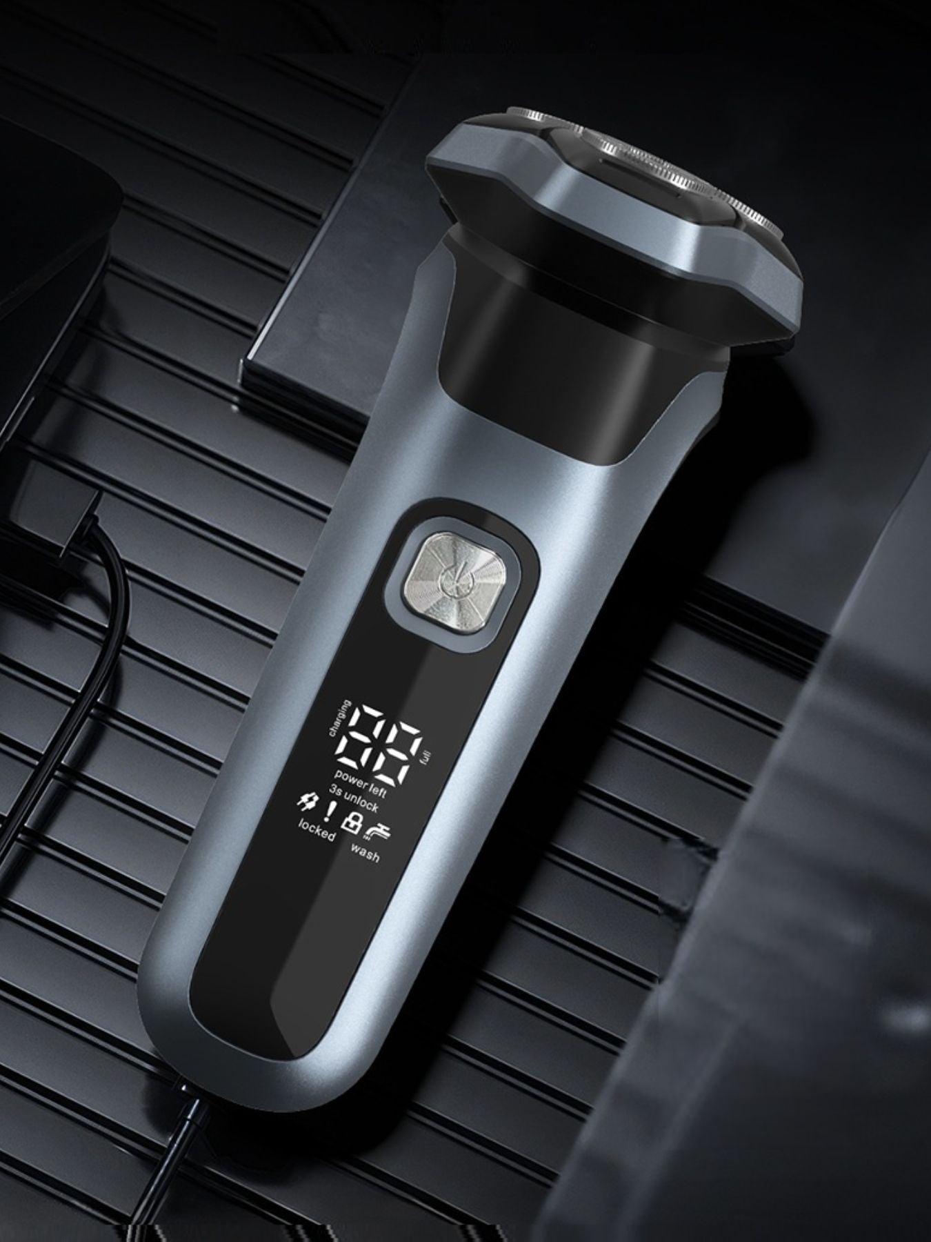 Rechargeable Trendsi rotary electric shaver with LED display, featuring a gray design and multiple shaving heads for a close shave.