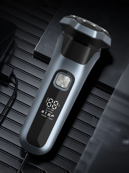 Rechargeable Trendsi rotary electric shaver with LED display, featuring a gray design and multiple shaving heads for a close shave.