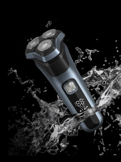 Gray rechargeable rotary electric shaver with LED display, featuring multiple shaving heads and ergonomic design.