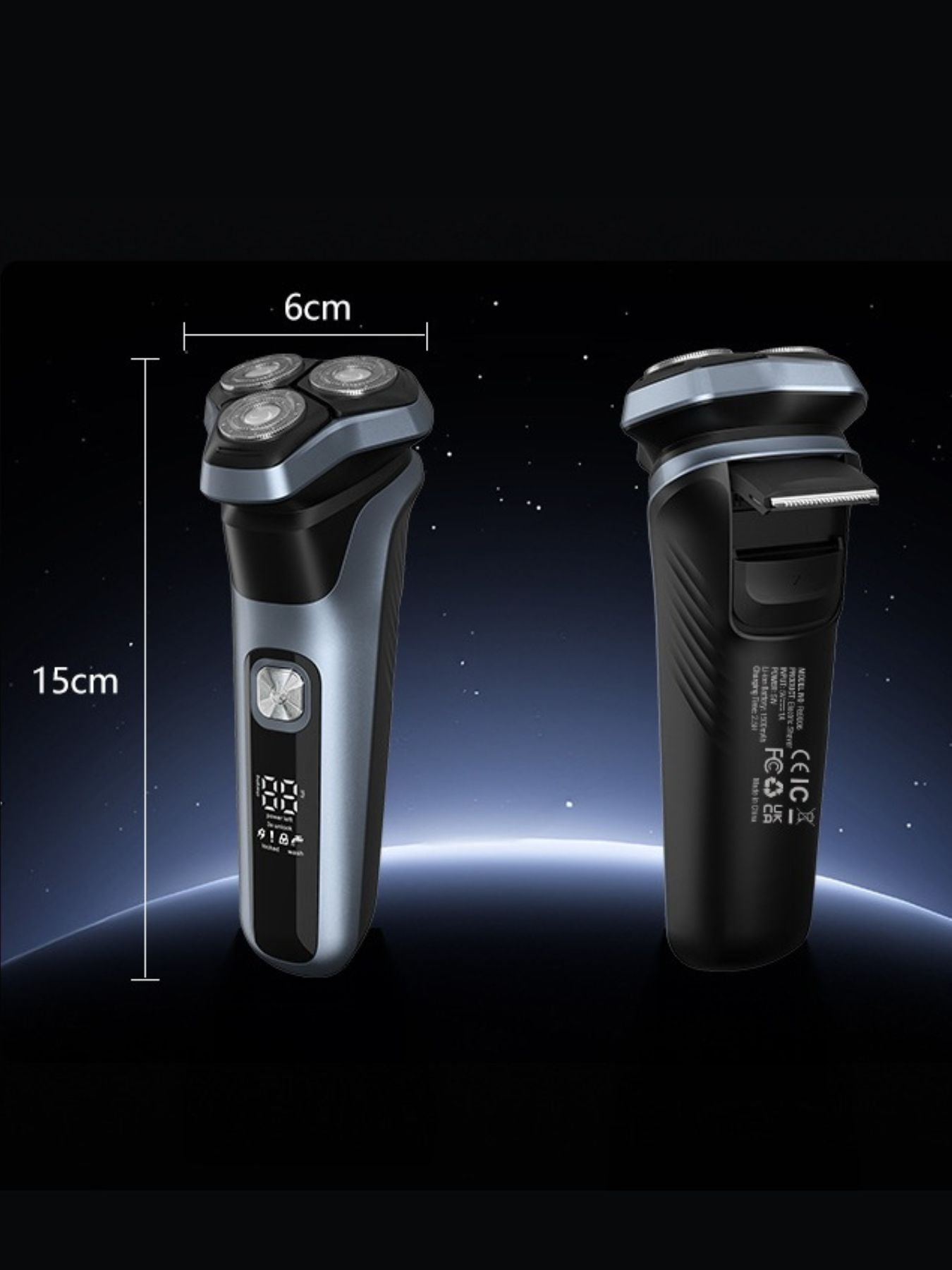 Gray rechargeable rotary electric shaver with LED display and ergonomic design, perfect for a close, comfortable shave.