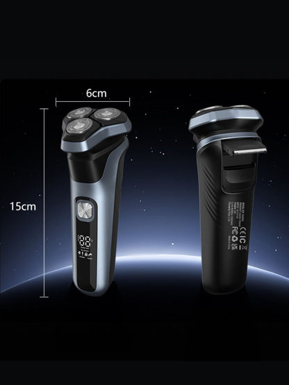 Gray rechargeable rotary electric shaver with LED display and ergonomic design, perfect for a close, comfortable shave.