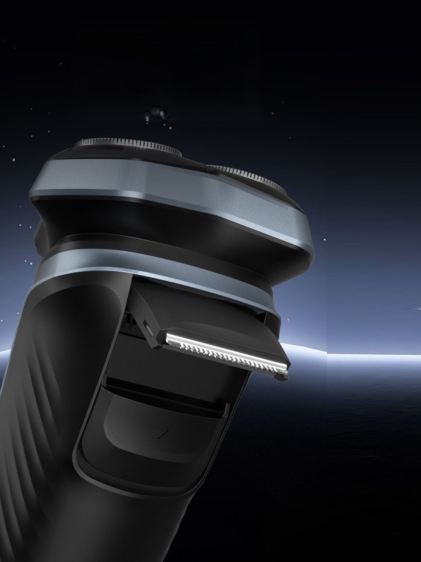 Gray rechargeable rotary electric shaver with LED display, featuring multiple shaving heads for a close, smooth shave.
