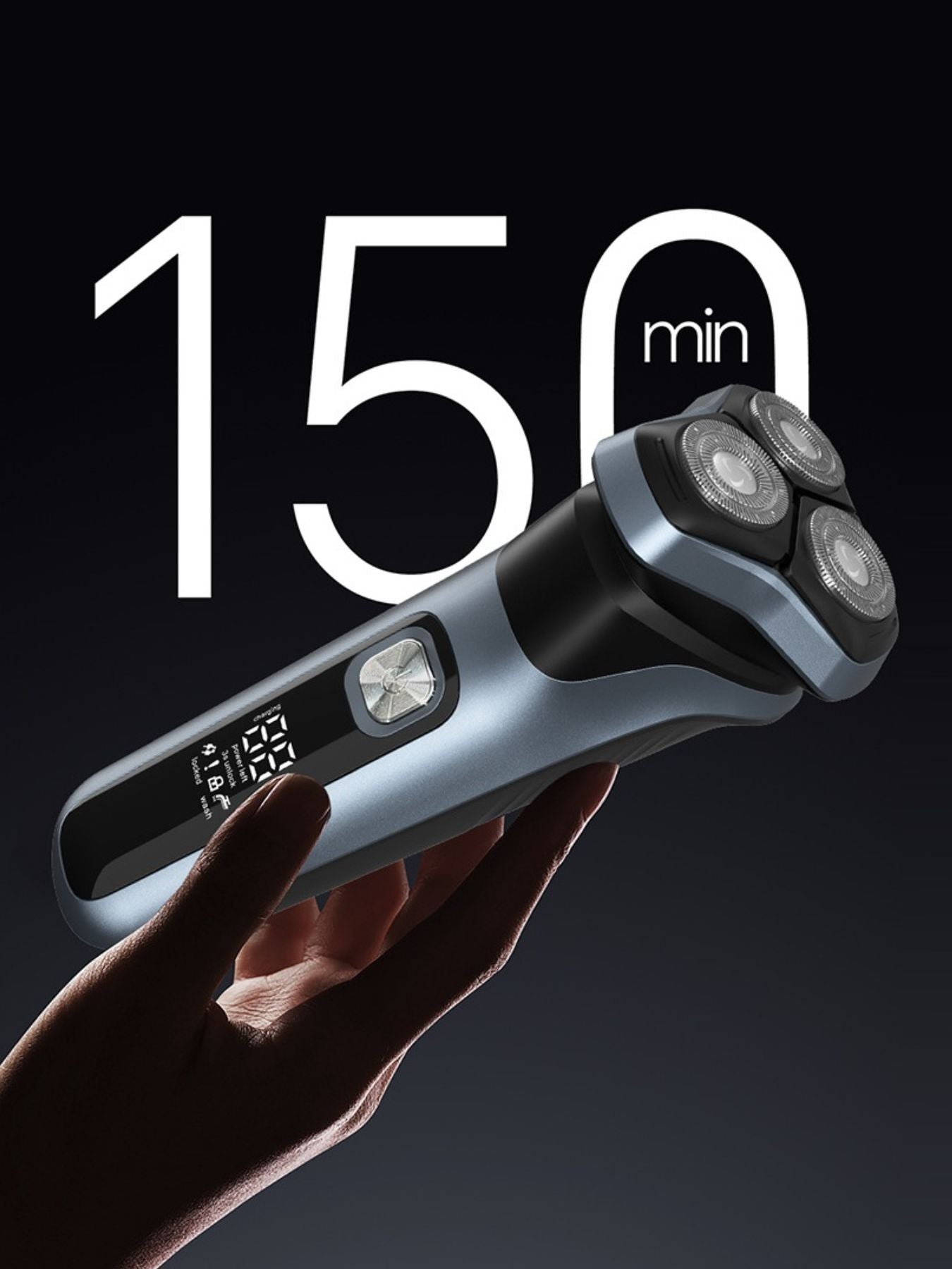 Gray rechargeable rotary electric shaver with LED display, featuring multiple shaving heads and ergonomic design.