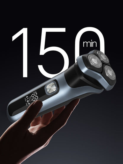 Gray rechargeable rotary electric shaver with LED display, featuring multiple shaving heads and ergonomic design.