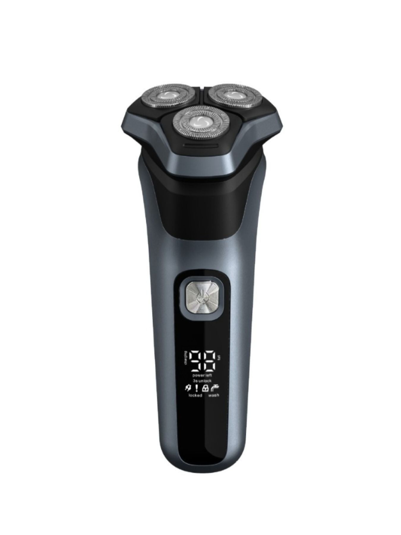 Gray rechargeable rotary electric shaver with LED display, featuring multiple rotary heads for a close, comfortable shave.