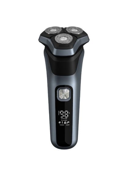 Gray rechargeable rotary electric shaver with LED display, featuring multiple rotary heads for a close, comfortable shave.
