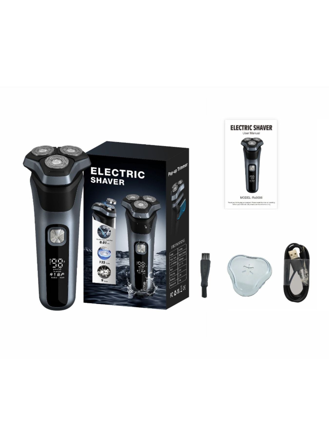 Gray rechargeable rotary electric shaver with LED display, compact design, and easy grip for a smooth grooming experience.