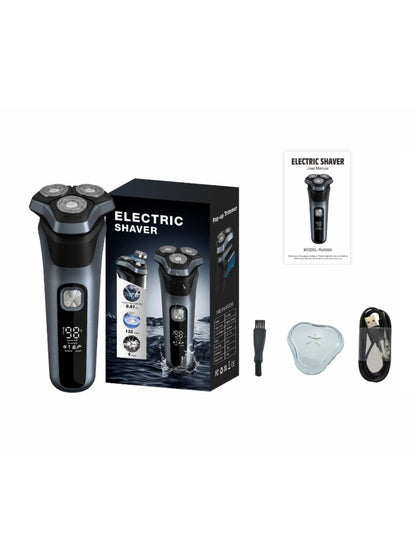Gray rechargeable rotary electric shaver with LED display, compact design, and easy grip for a smooth grooming experience.