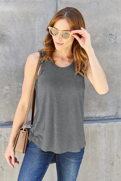 Gray Basic Bae full-size round neck tank top with curved hem, from Trendsi, displayed on a hanger.