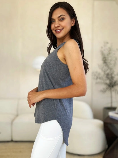 Gray Basic Bae full-size round neck curved hem tank top by Trendsi, shown flat with a relaxed fit and curved hem detail.
