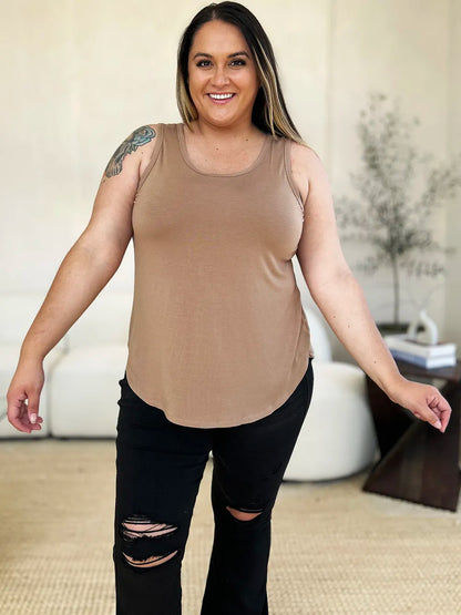 Gray Basic Bae full-size round neck curved hem tank top by Trendsi, featuring a relaxed fit and stylish curved hem design.
