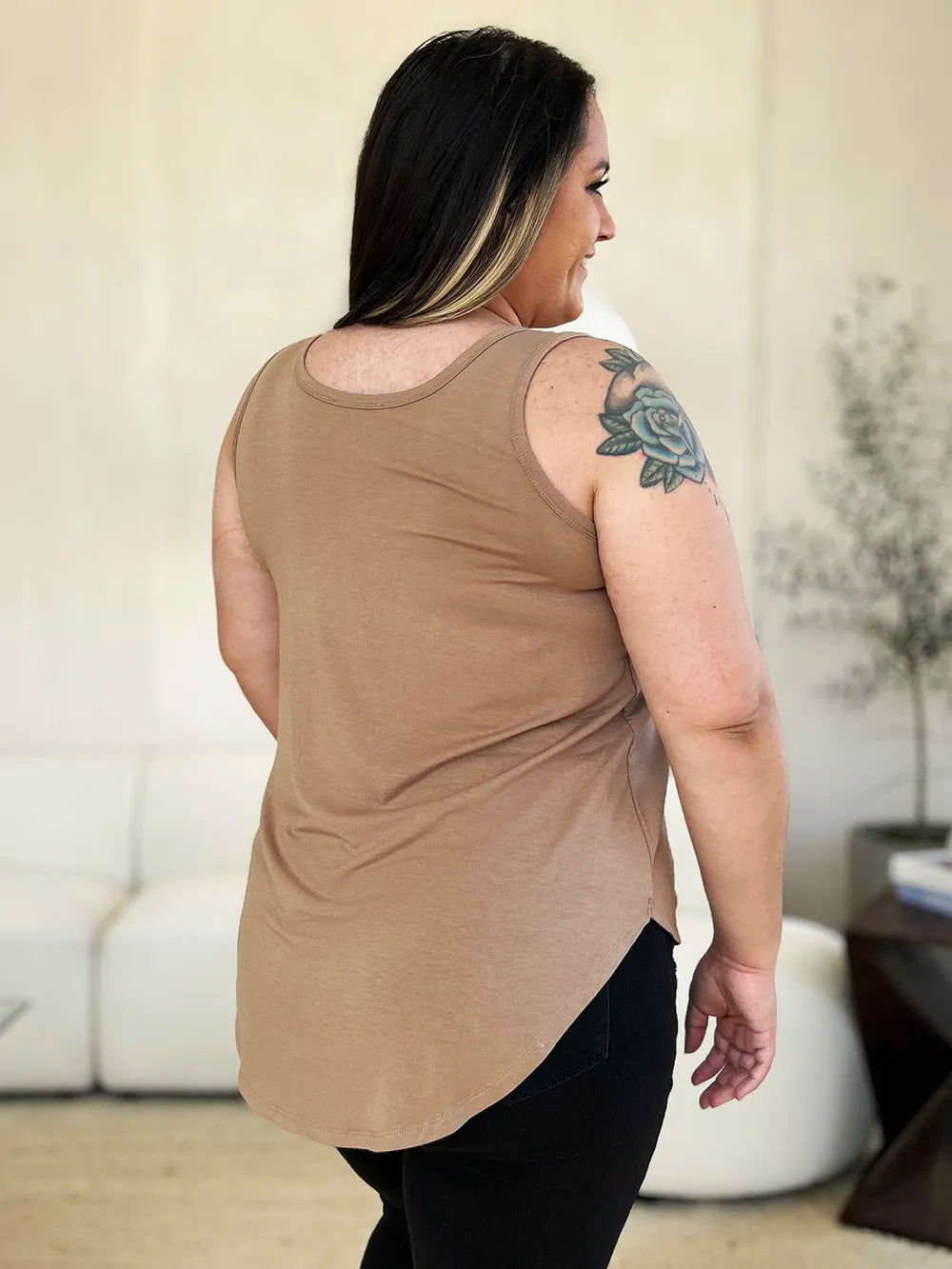 Gray Basic Bae full-size round neck curved hem tank top by Trendsi, featuring a relaxed fit and casual style.
