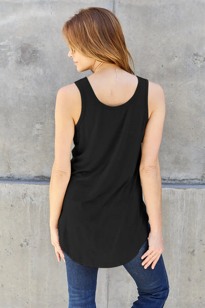 Gray basic Bae full-size round neck tank top with curved hem from Trendsi, casual sleeveless top for everyday wear.