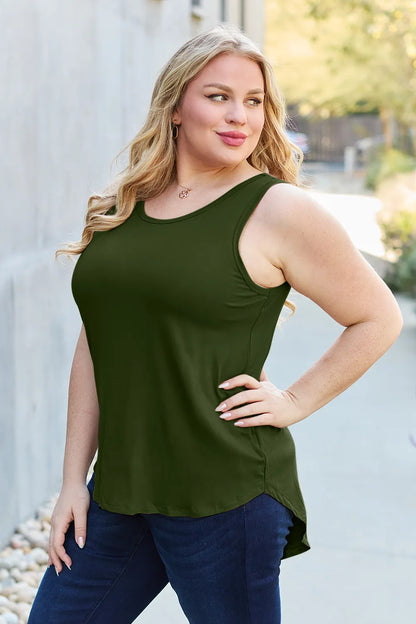 Gray Basic Bae full-size round neck curved hem tank top by Trendsi, casual sleeveless top with a relaxed fit and curved hem.