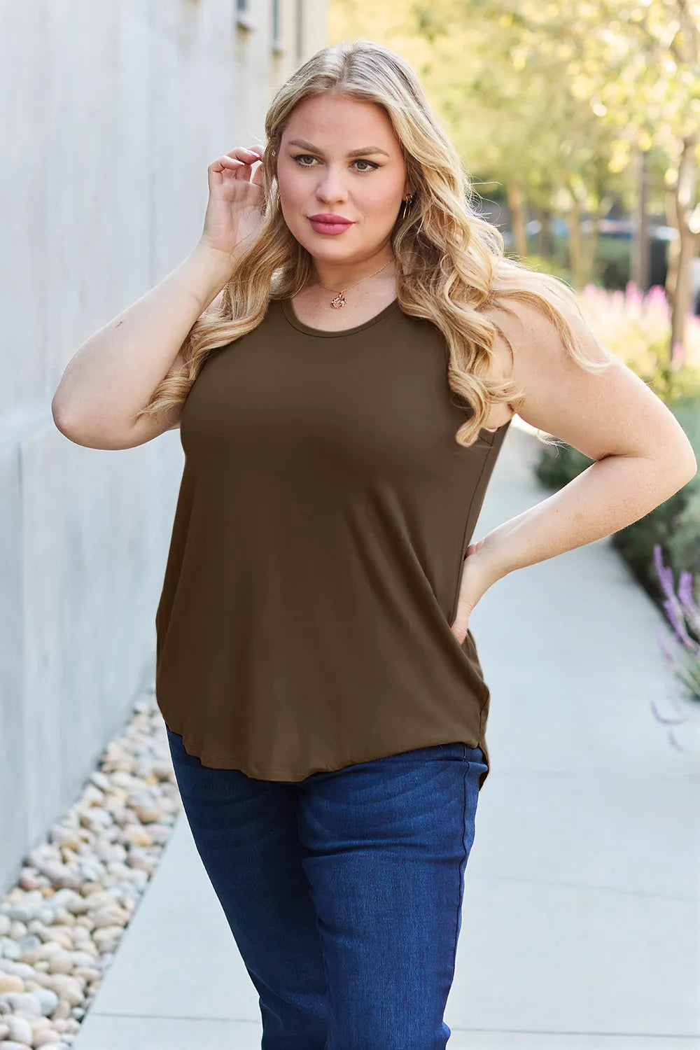 Gray Basic Bae full-size round neck curved hem tank top by Trendsi, shown on a mannequin.