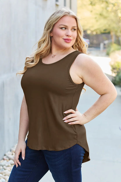 Gray Basic Bae full-size round neck tank top with curved hem by Trendsi, displayed flat on a white background.