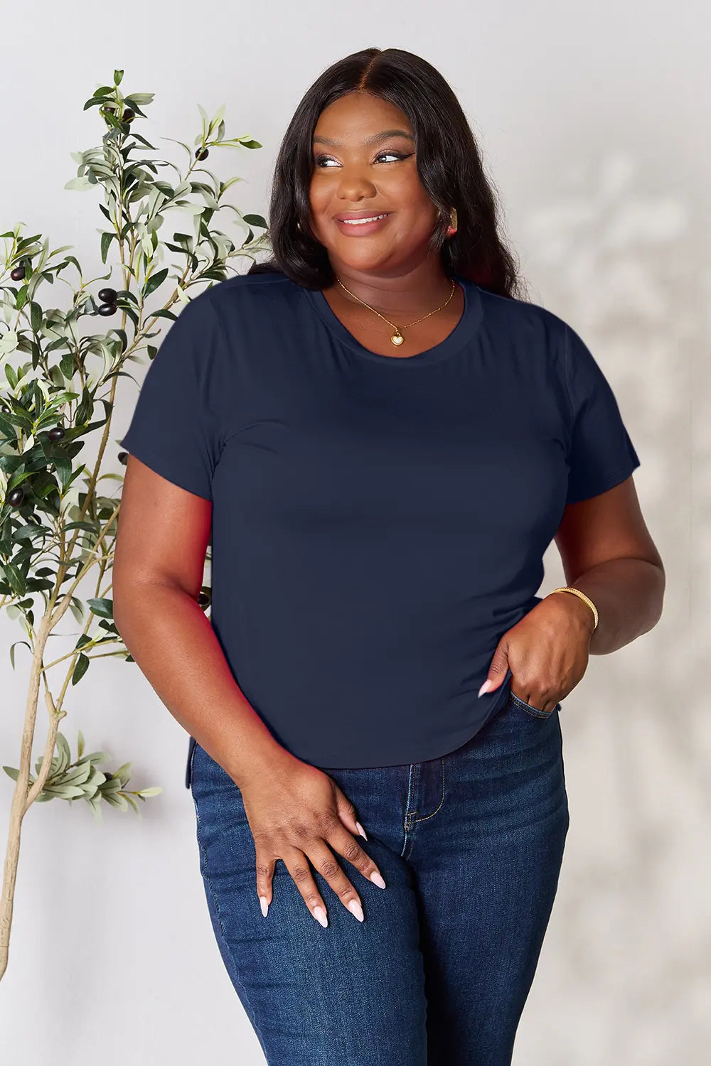 Gray basic Bae T-shirt by Trendsi, full size, round neck, short sleeves, casual cotton top for everyday wear.