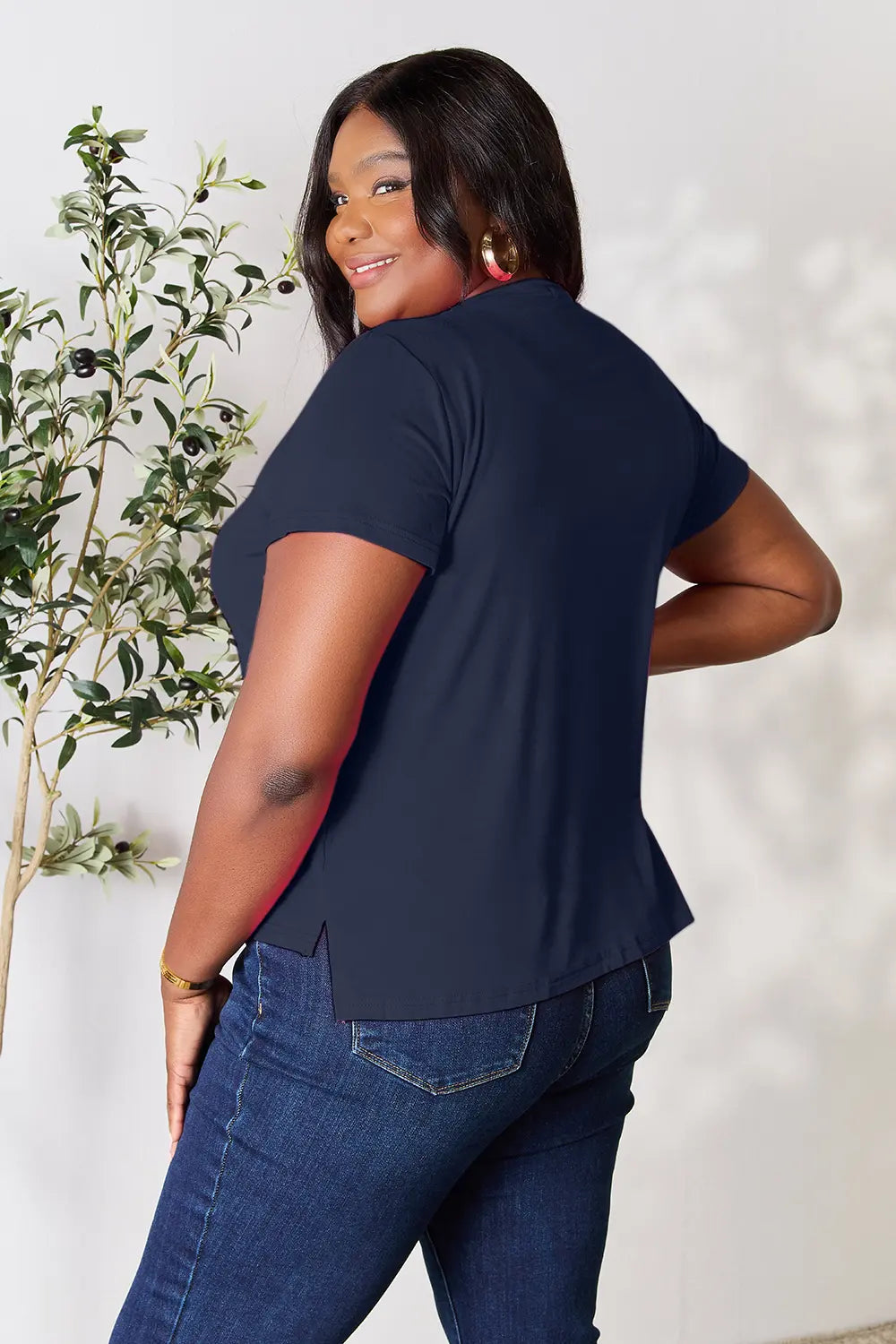 Gray Basic Bae full-size round neck short sleeve T-shirt by Trendsi, shown flat with soft fabric and classic fit.