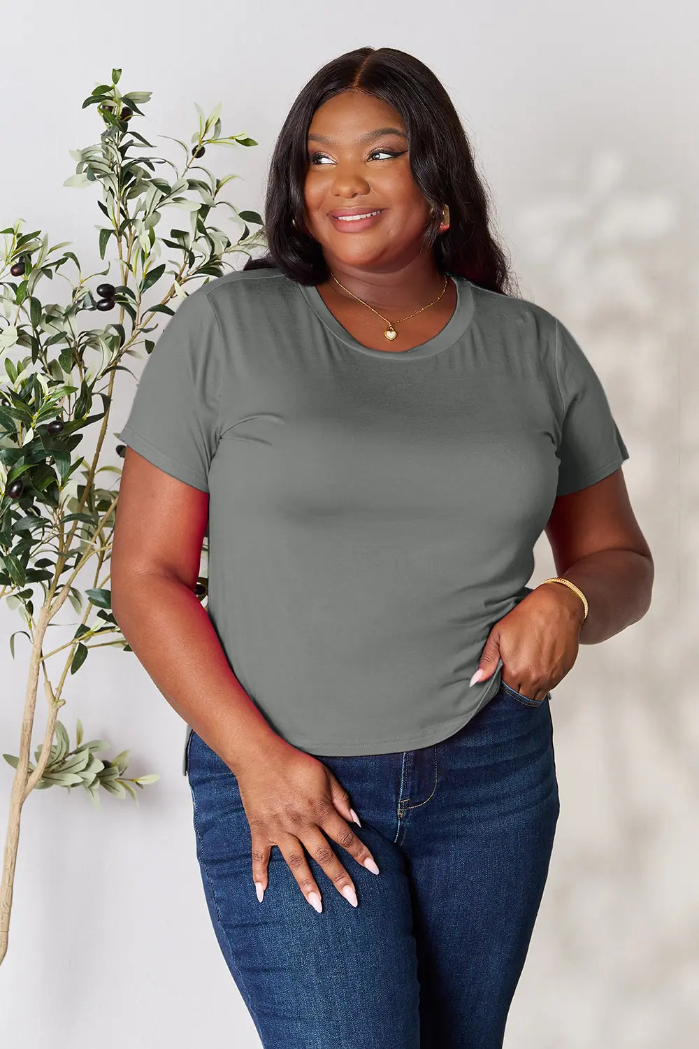 Gray Basic Bae full size round neck short sleeve T-shirt by Trendsi, showcasing a comfortable casual fit and soft fabric.