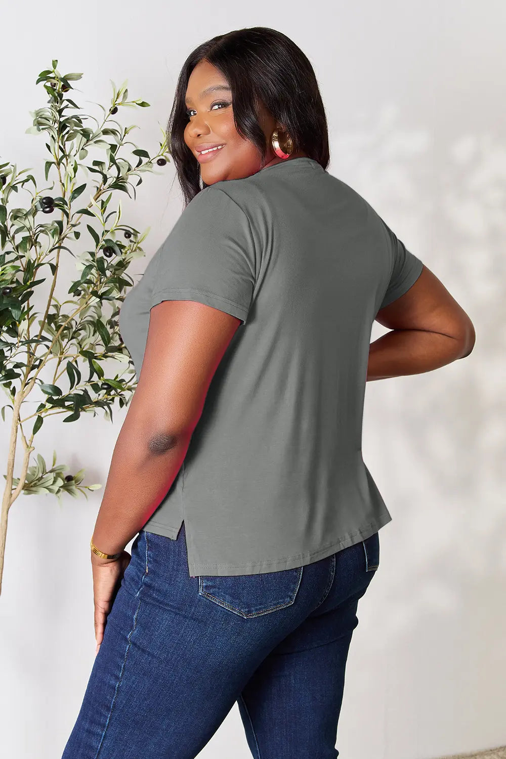 Gray Basic Bae full-size round neck short sleeve T-shirt by Trendsi, casual fit, soft fabric, displayed on a mannequin.