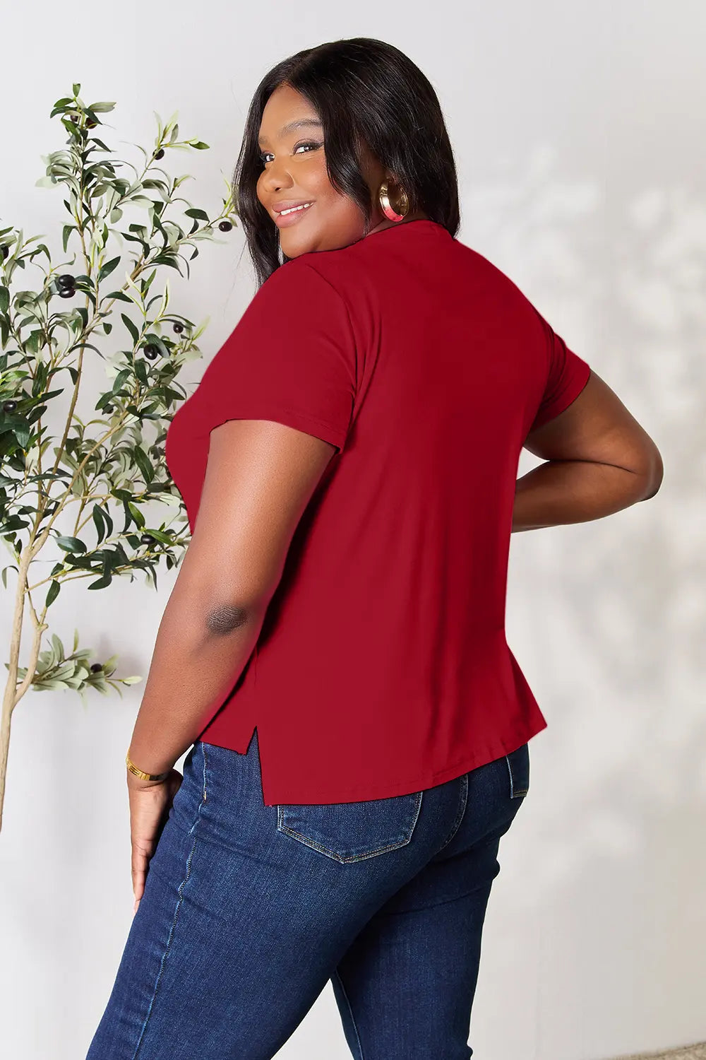Gray Basic Bae full-size round neck short sleeve T-shirt by Trendsi, casual fit, soft fabric, displayed on a hanger.