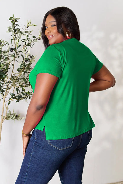 Gray Basic Bae full-size round neck short sleeve T-shirt by Trendsi, casual fit with a classic crew neckline.