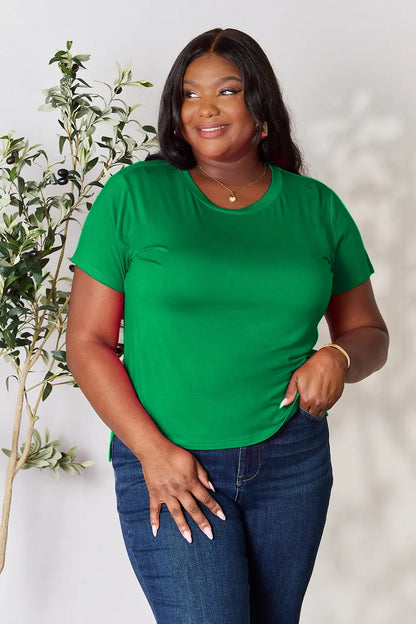 Gray Basic Bae full size round neck short sleeve T-shirt by Trendsi, casual fit with short sleeves and classic round neckline.