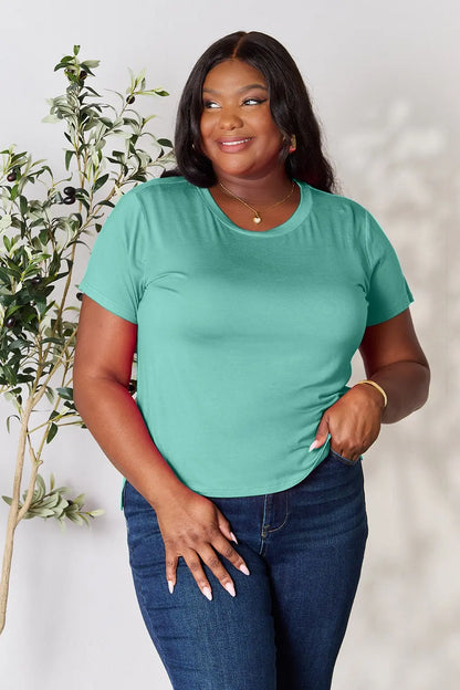 Gray Basic Bae full-size round neck short sleeve T-shirt by Trendsi, showing a close-up of the classic fit and soft fabric.